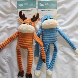 Zippy Paws Crinkle Monkey Small Dog Toy Set Of 2 - Orange Moose and Blue Monkey